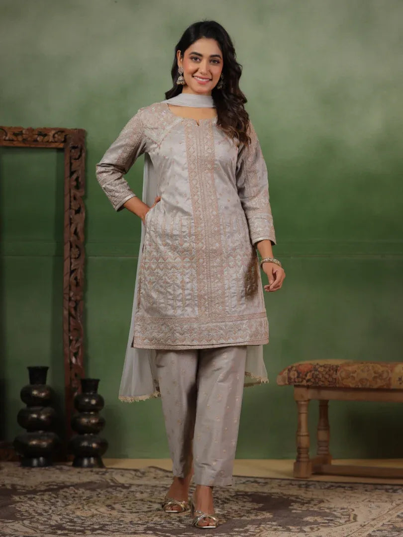Span Grey Silk Kurta Set with Dupatta