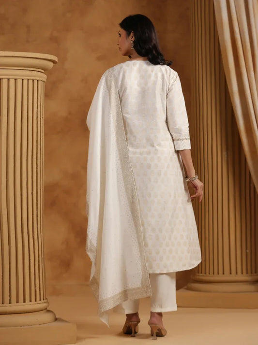 Span White Silk Round Neck Kurta