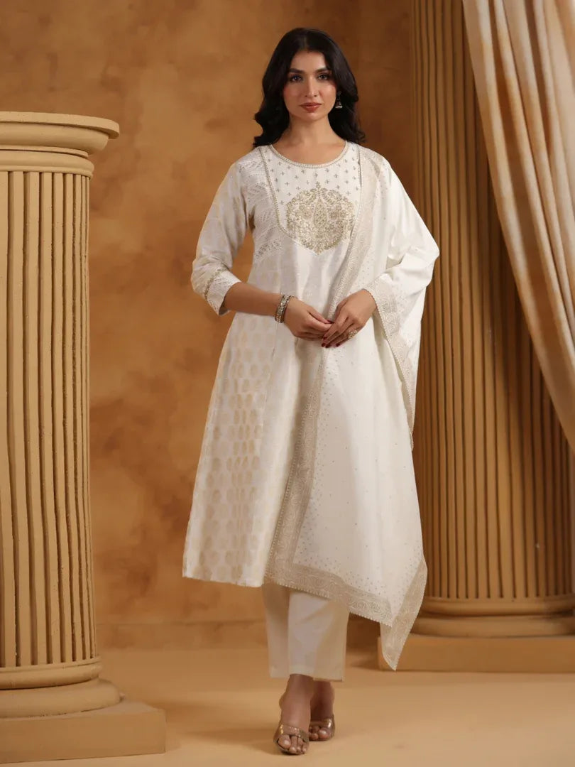 Span White Silk Round Neck Kurta