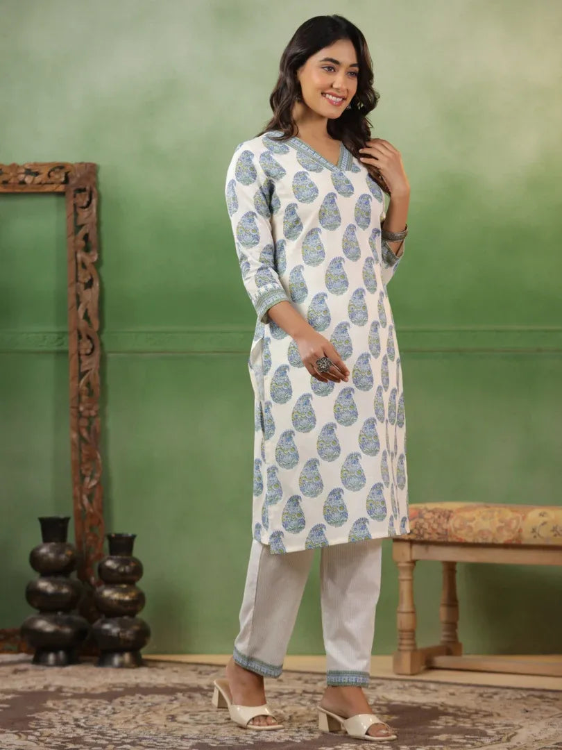 Span Ivory V-Neck Cotton Kurta