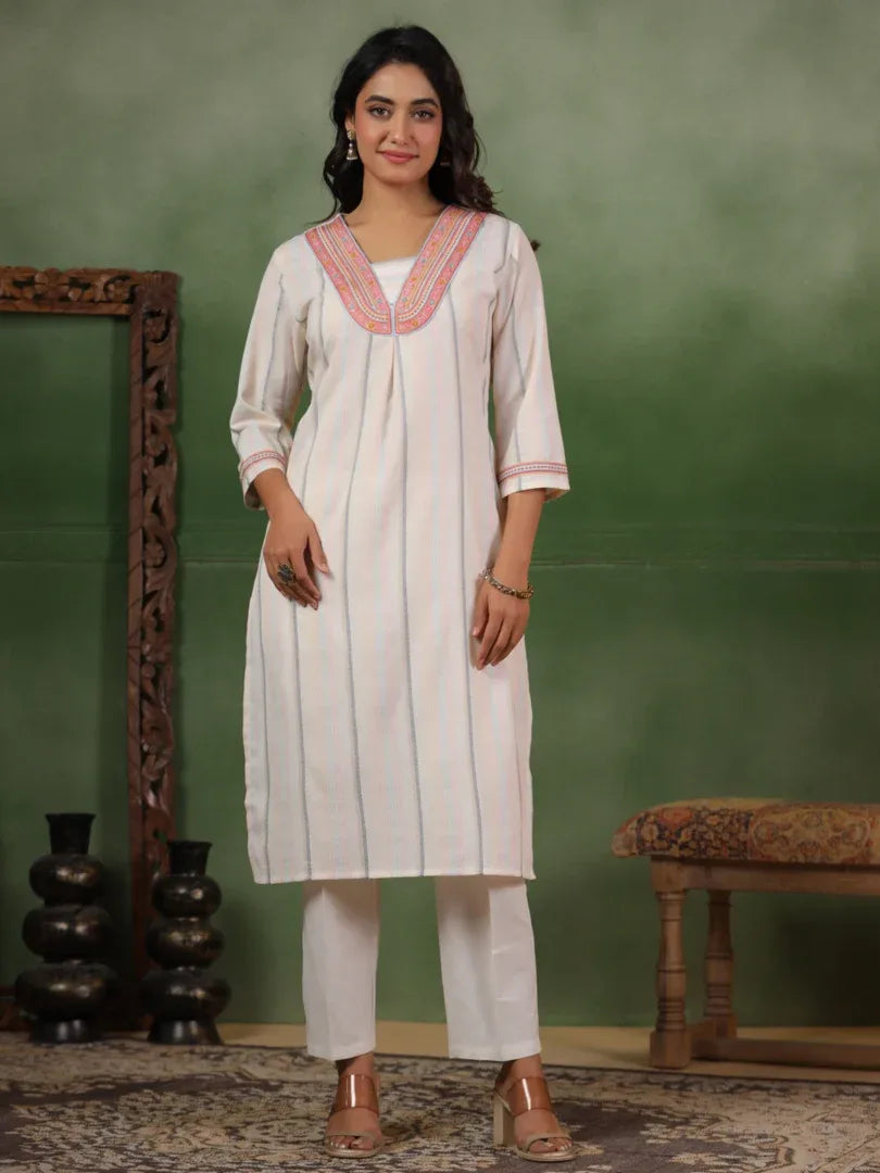 Span White Deep-V Cotton Kurta