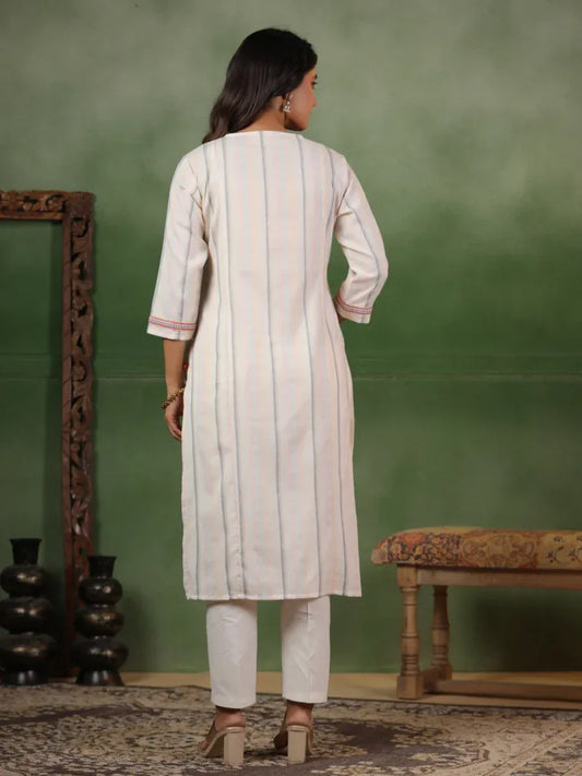 Span White Deep-V Cotton Kurta