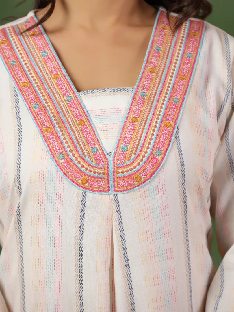 Span White Deep-V Cotton Kurta
