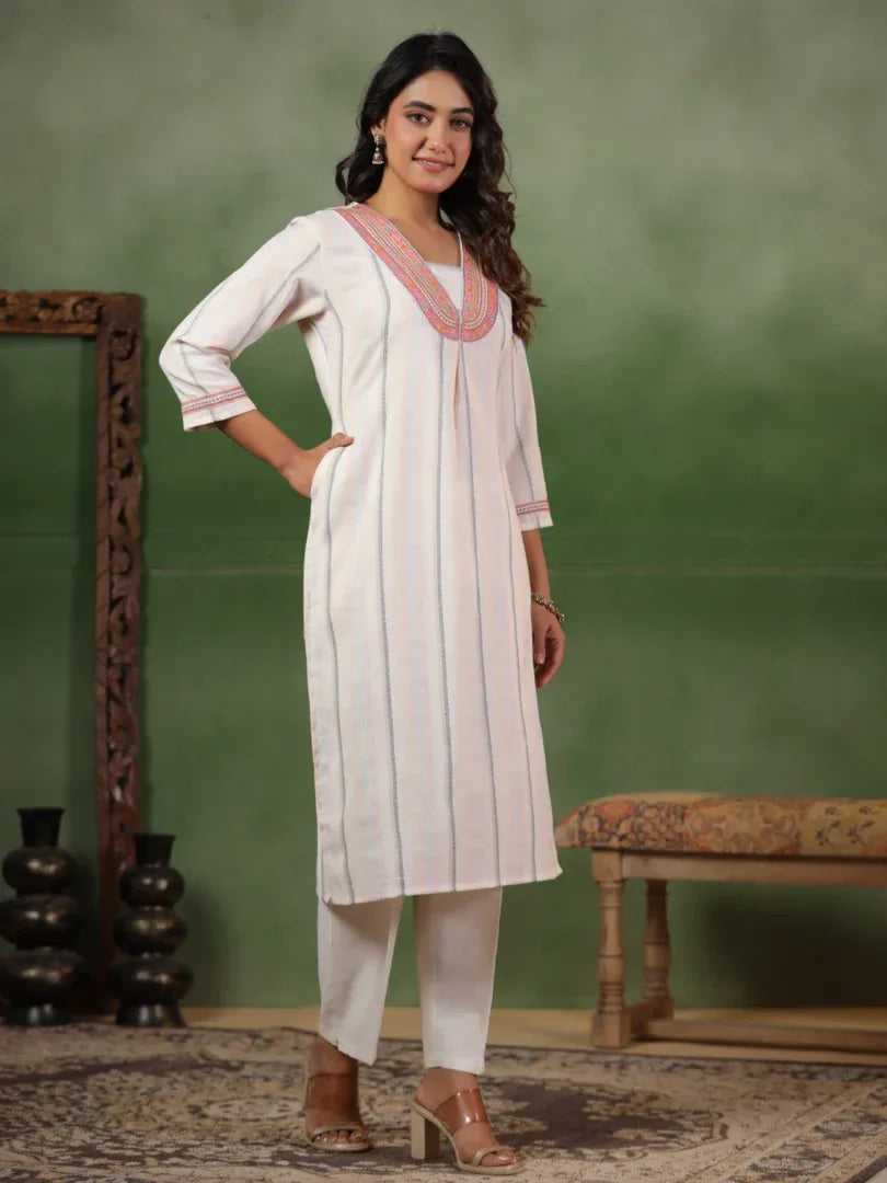 Span White Deep-V Cotton Kurta