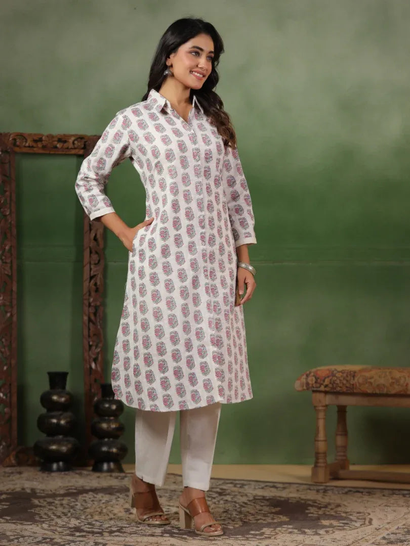 Span White Collard Cotton Kurta