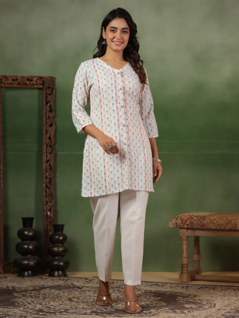 Span White V-Neck Cotton Short Kurta