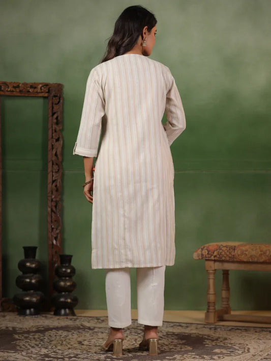 Span White V-Neck Cotton Kurta