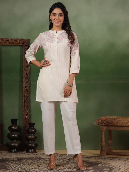 Span Ivory Mandarin Cotton Short Kurta
