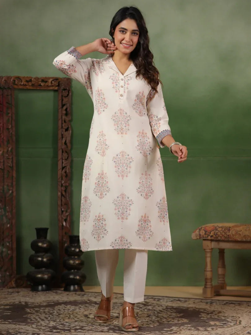 Span Ivory Collard Cotton Kurta
