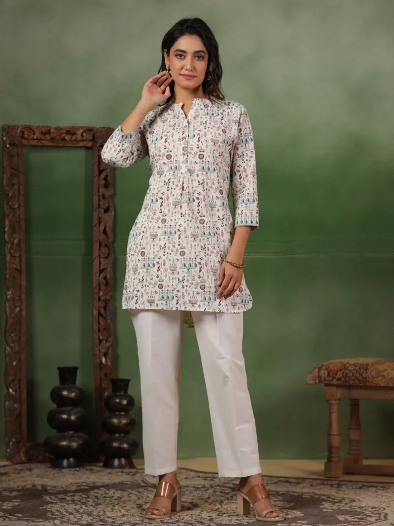 Span Ivory Mandarin Cotton Short Kurta