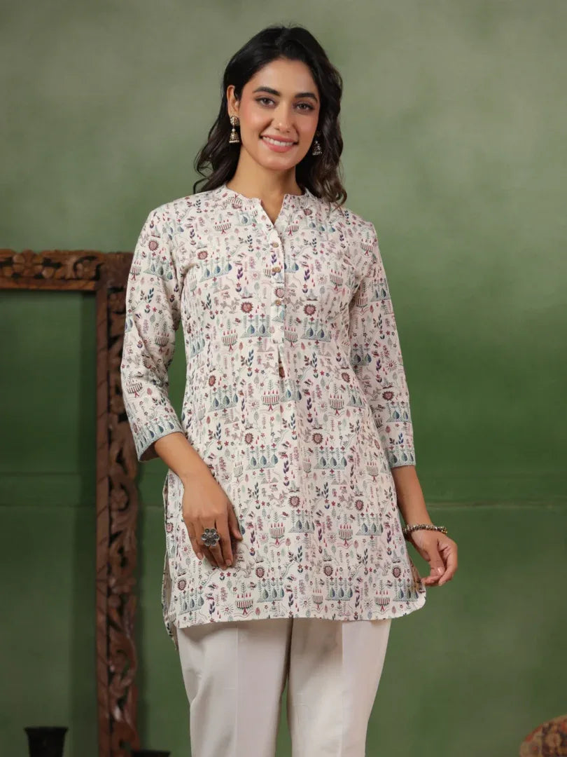 Span Ivory Mandarin Cotton Short Kurta