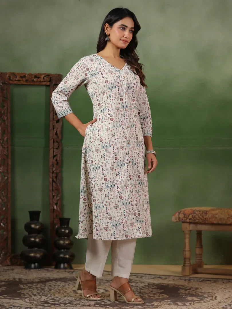 Span Ivory V-Neck Cotton Kurta
