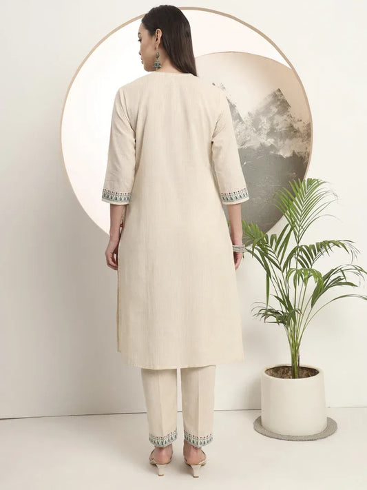 Span Ivory Round Neck Cotton Co-Ord Set(Set of 2)