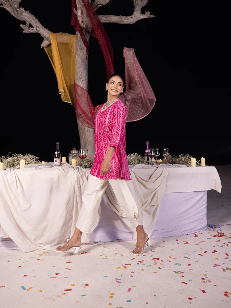 Span Pink V-Neck Cotton Short Kurta