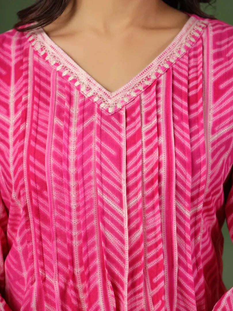 Span Pink V-Neck Cotton Short Kurta