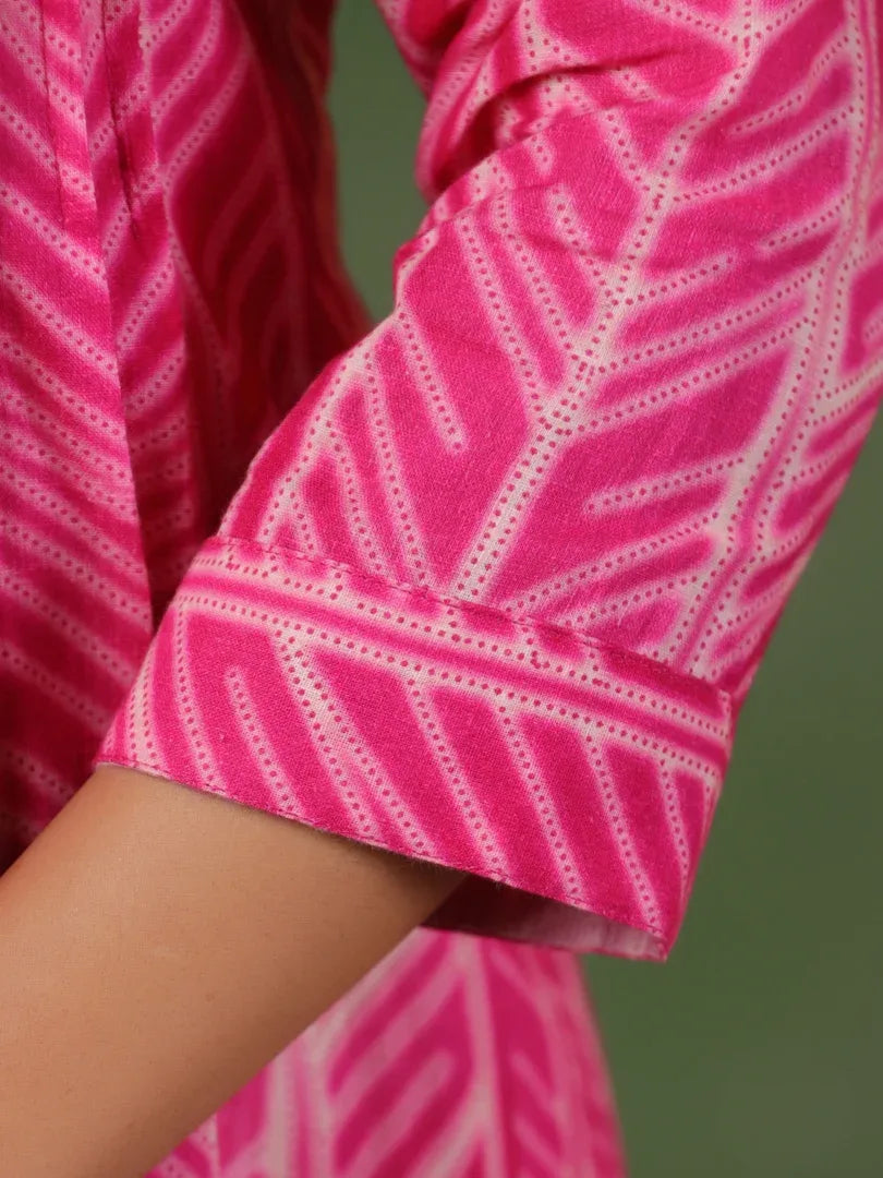 Span Pink V-Neck Cotton Short Kurta