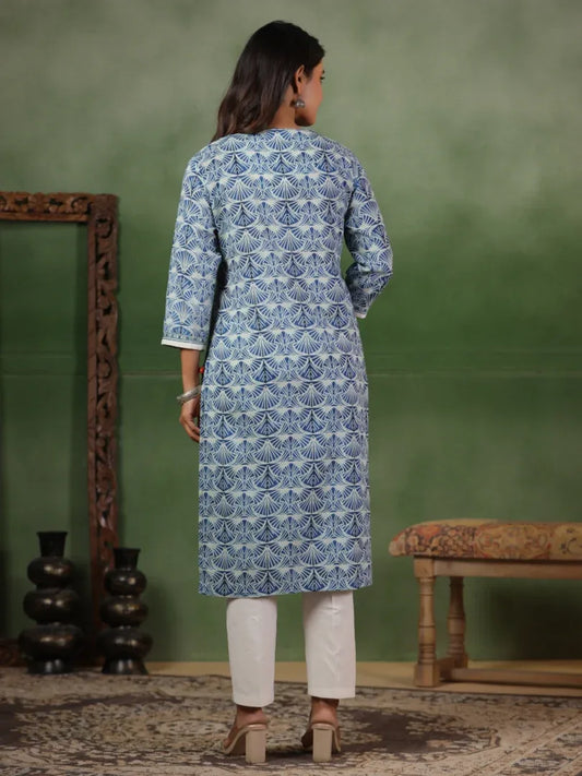 Span Blue V-Neck Cotton Kurta