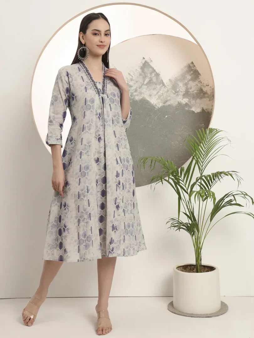Span Grey V-Neck Cotton Kurta