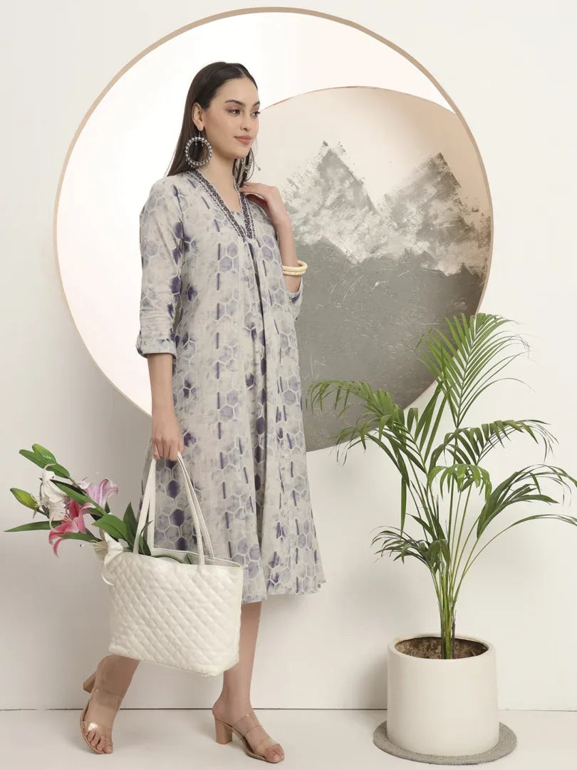 Span Grey V-Neck Cotton Kurta