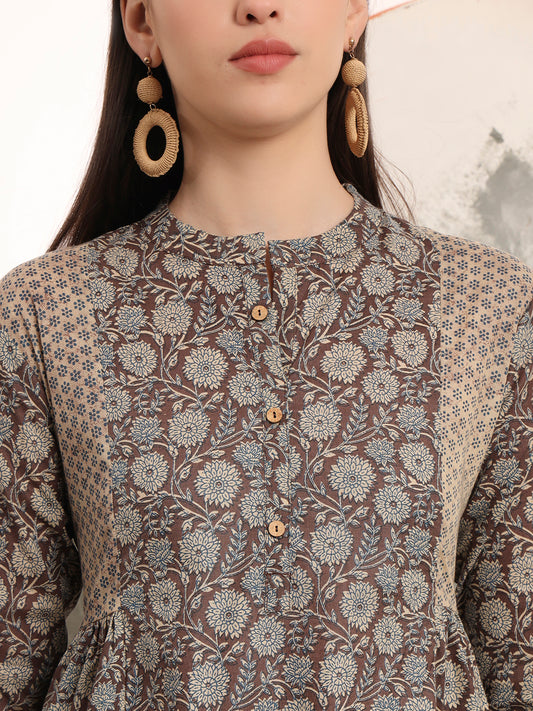 Span Brown Mandarin Cotton Short Kurta