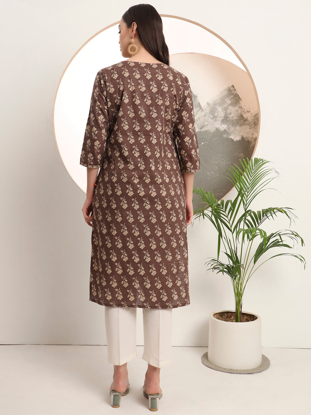 Span Brown Round Neck Cotton Kurta