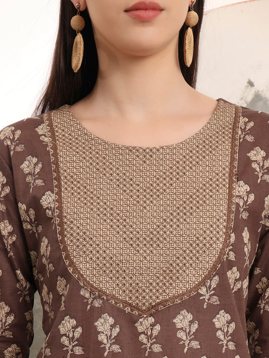 Span Brown Round Neck Cotton Kurta