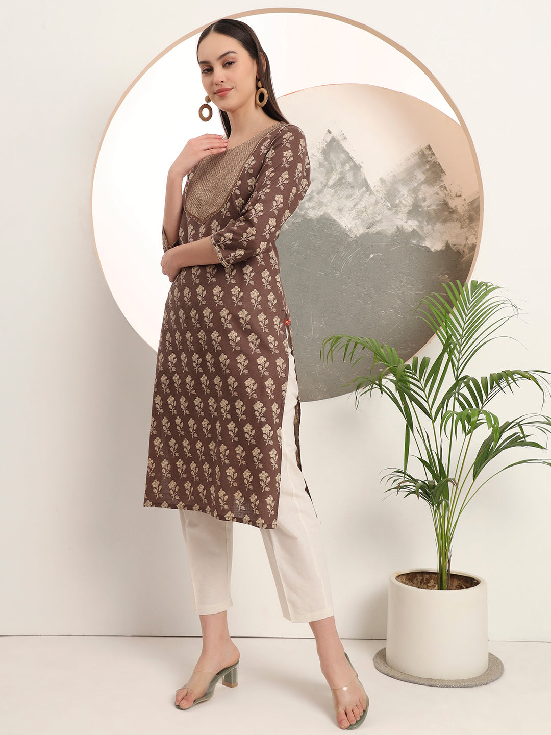 Span Brown Round Neck Cotton Kurta