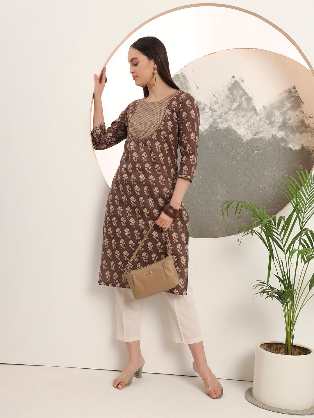 Span Brown Round Neck Cotton Kurta