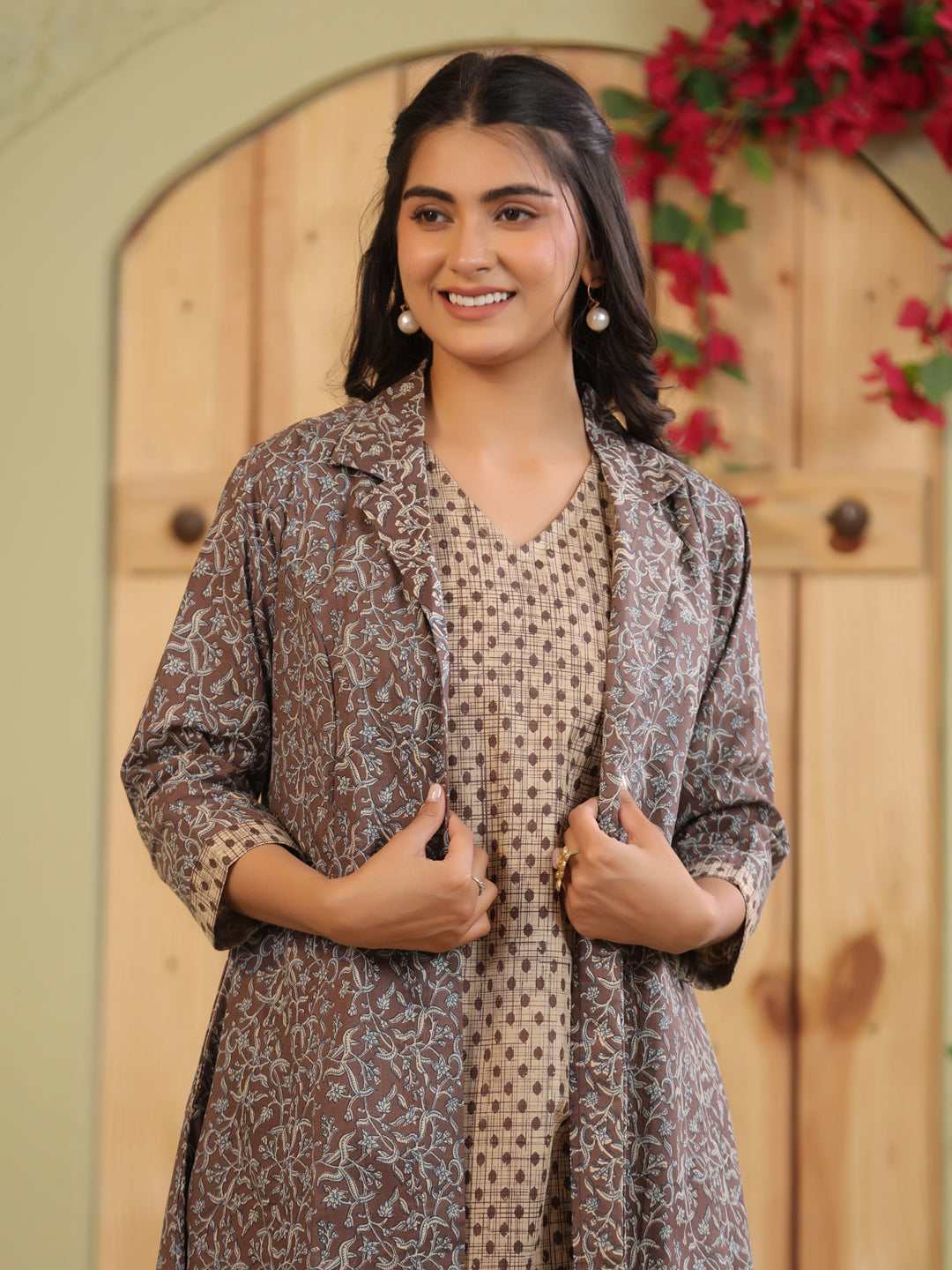 Span Brown Collard Cotton Casual 2PCSSet