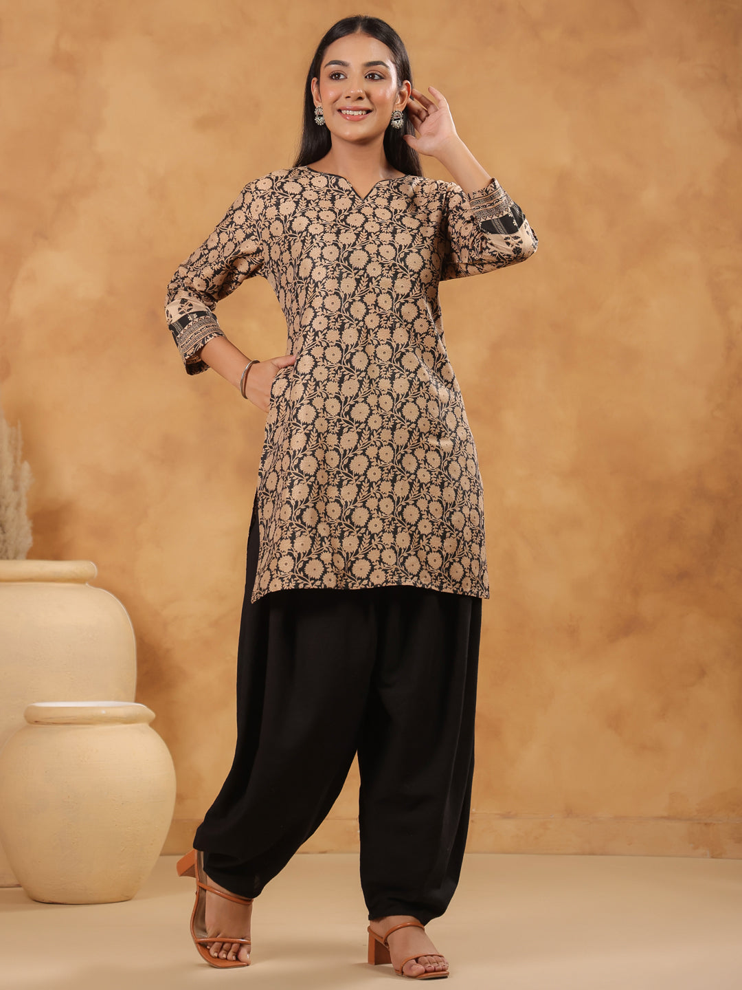 Span Black Round V neck Silk Short Kurta