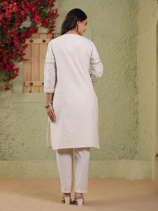 Span White V-Neck Cotton Casual Kurta