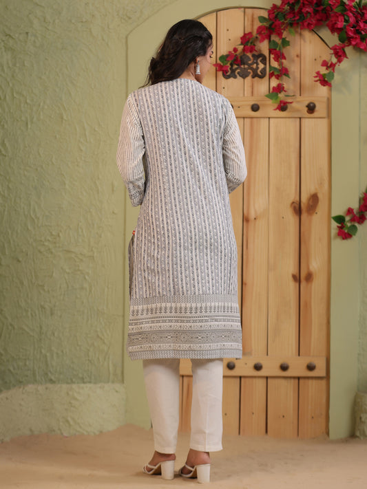 Span White Round Neck Cotton Casual Kurta