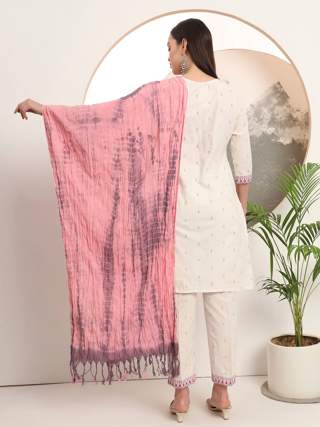 Span White Round Neck Cotton Kurta Set with Dupatta