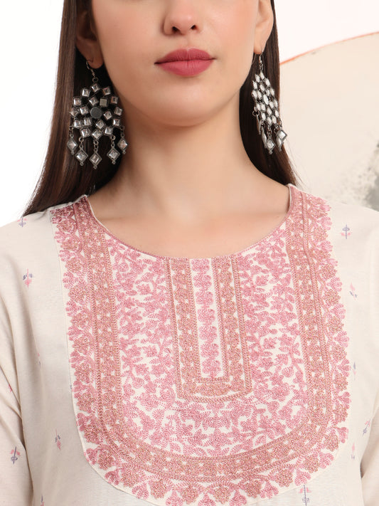 Span White Round Neck Cotton Kurta Set with Dupatta