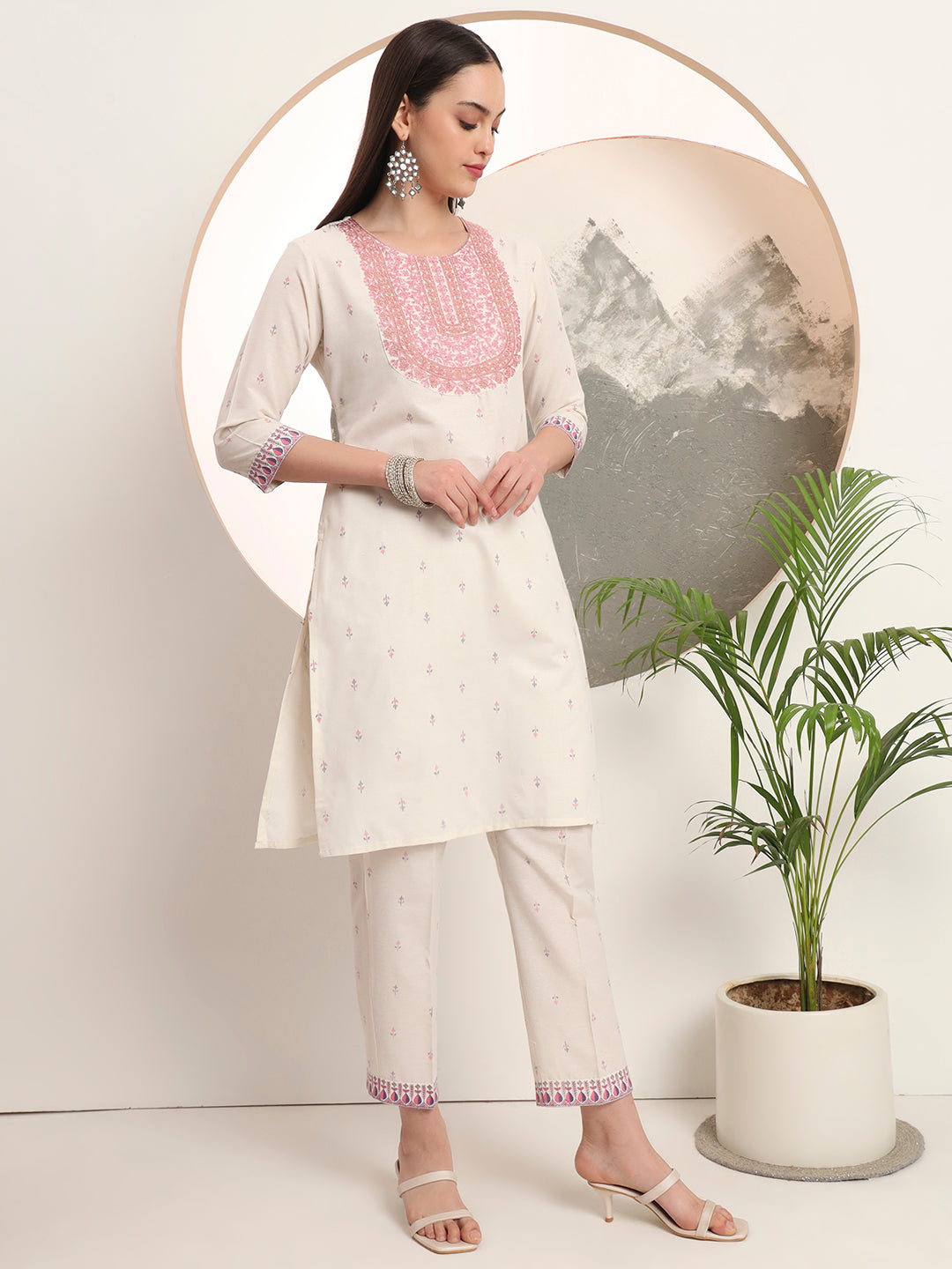 Span White Round Neck Cotton Kurta Set with Dupatta