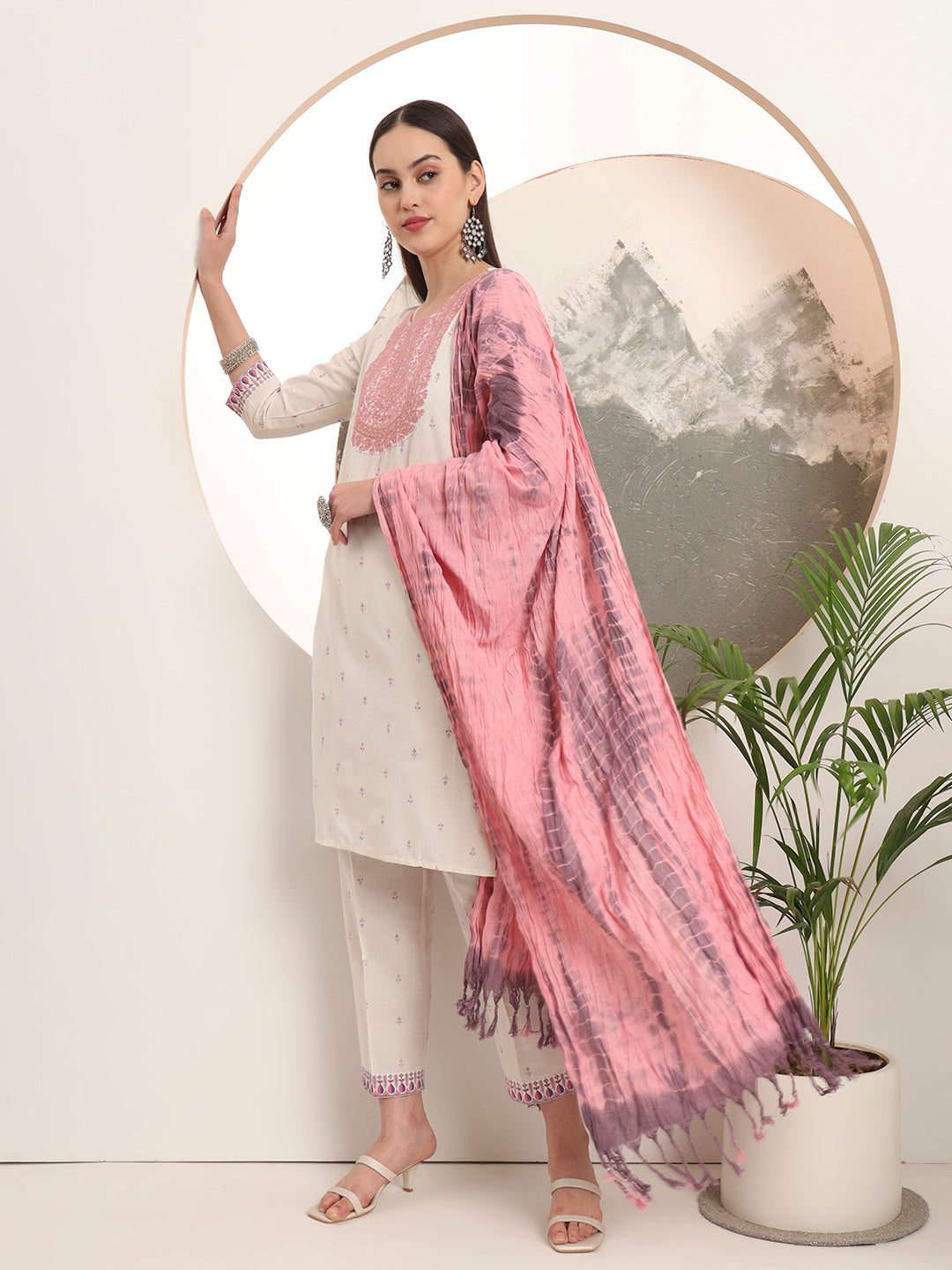 Span White Round Neck Cotton Kurta Set with Dupatta