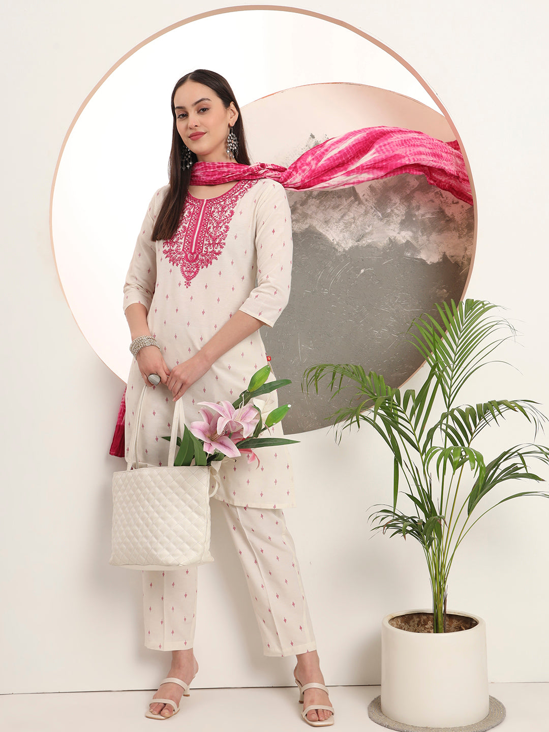 Span White Round Neck Cotton Kurta Set with Dupatta