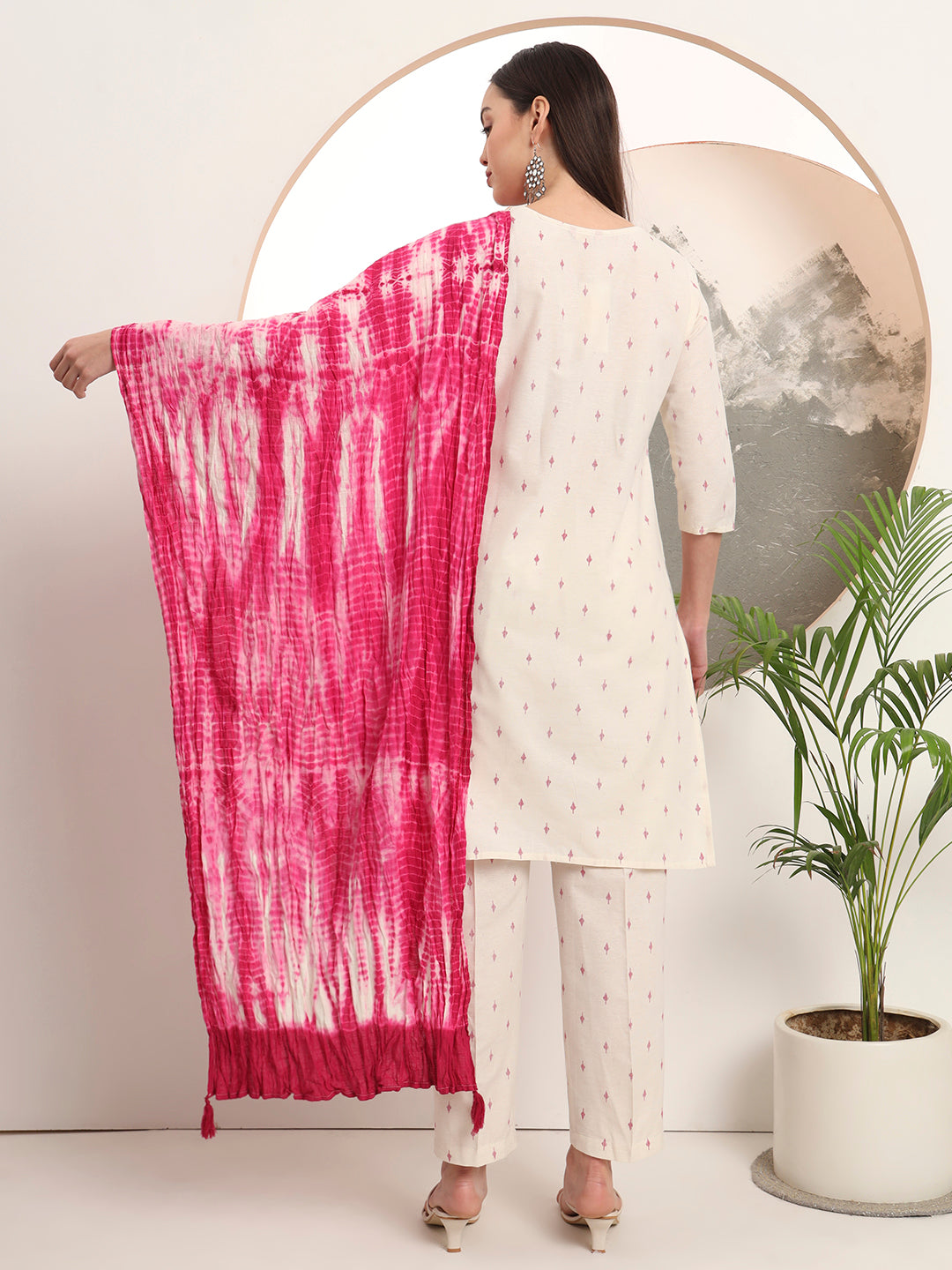 Span White Round Neck Cotton Kurta Set with Dupatta