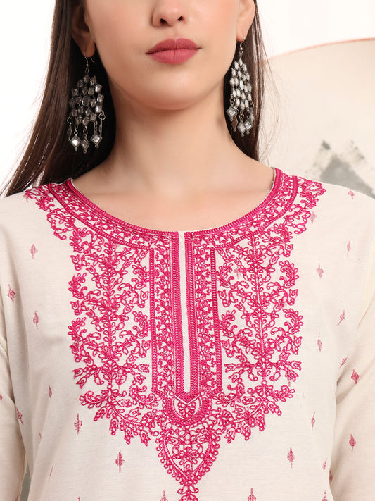 Span White Round Neck Cotton Kurta Set with Dupatta