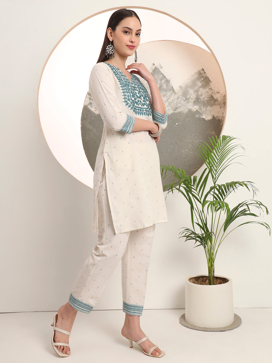 Span White V Neck Cotton Kurta Set with Dupatta