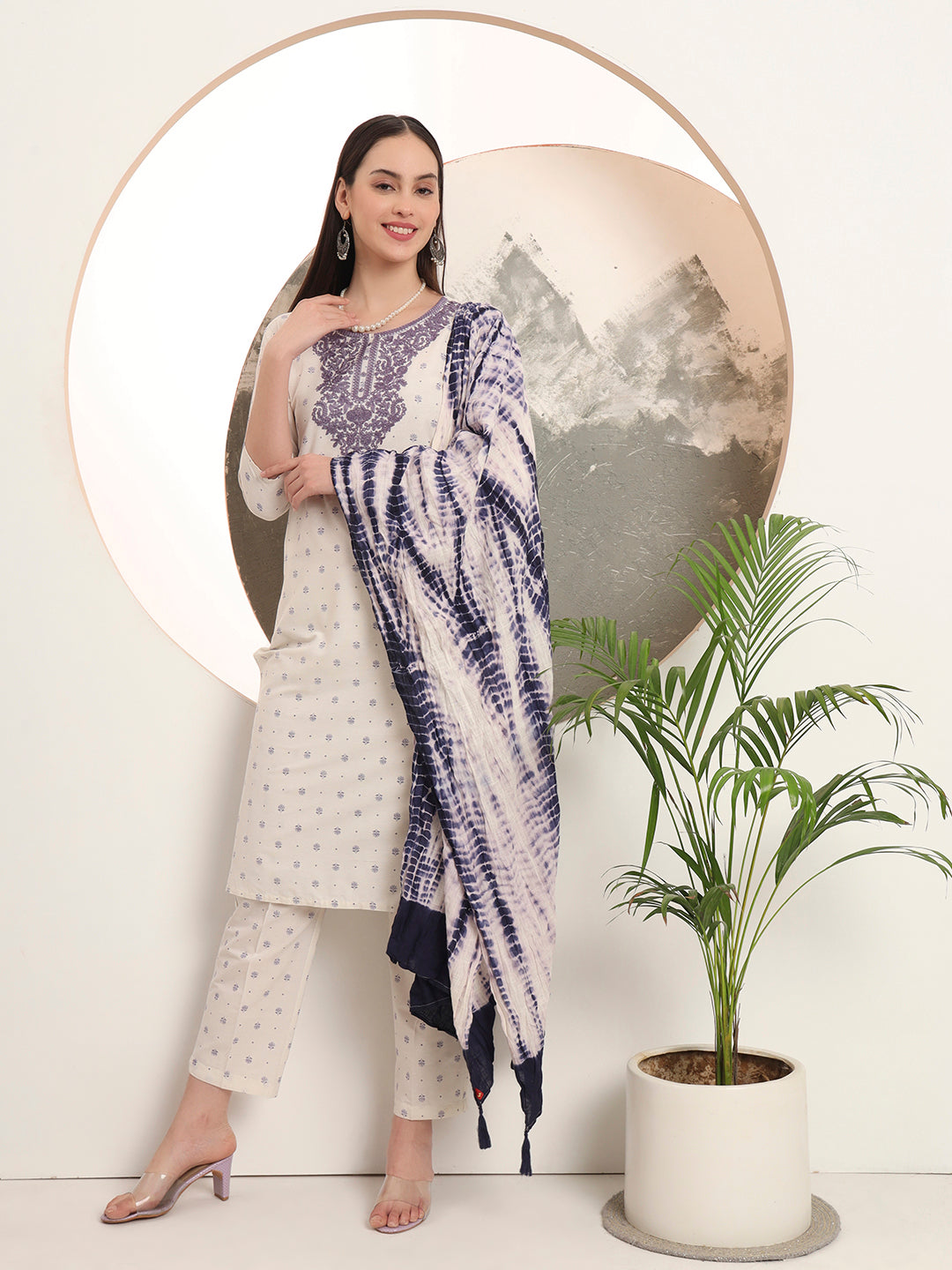 Span White Round Neck Cotton Kurta Set with Dupatta
