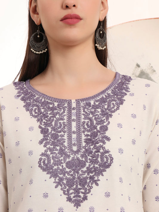 Span White Round Neck Cotton Kurta Set with Dupatta
