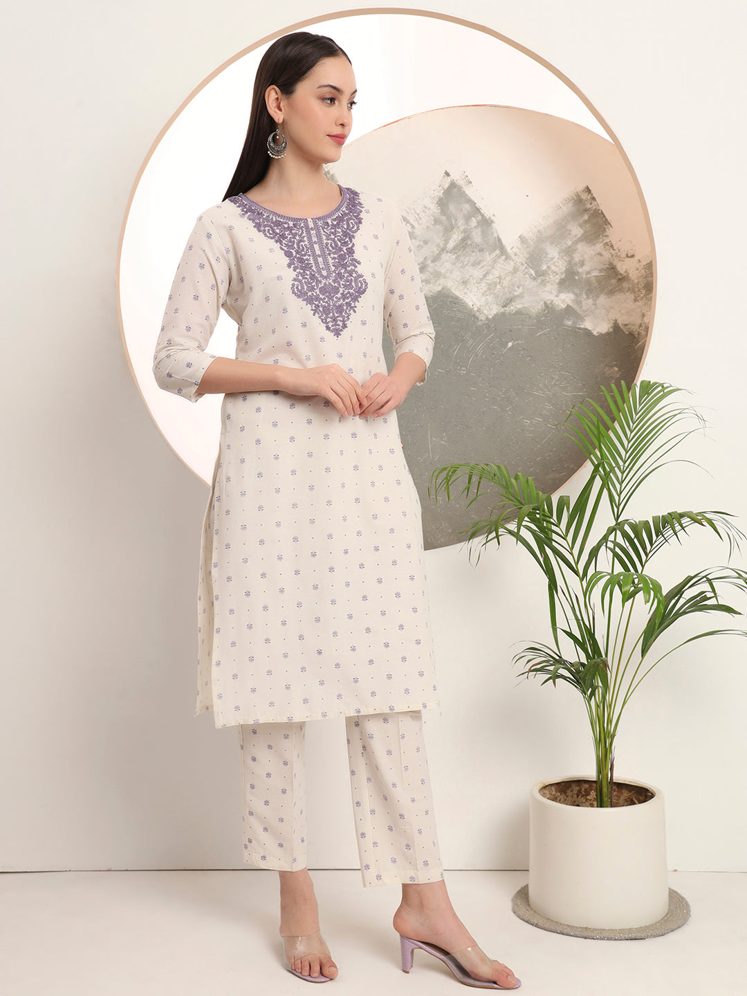 Span White Round Neck Cotton Kurta Set with Dupatta