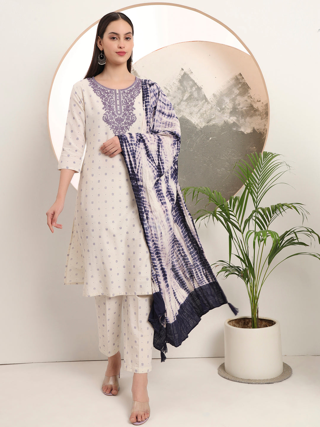 Span White Round Neck Cotton Kurta Set with Dupatta
