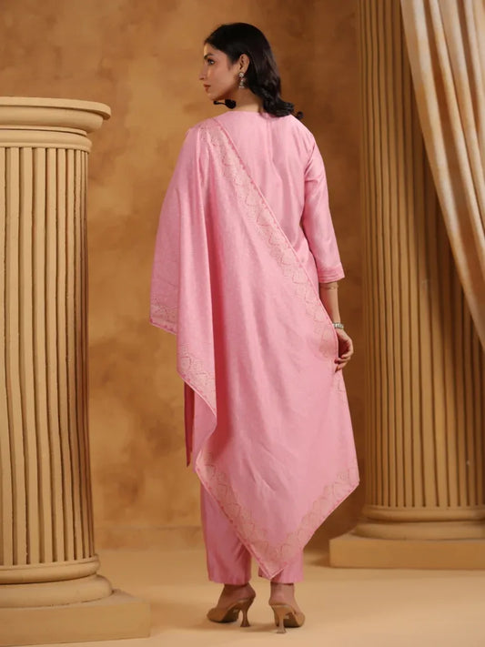 Span Pink Round Neck Viscose Kurta