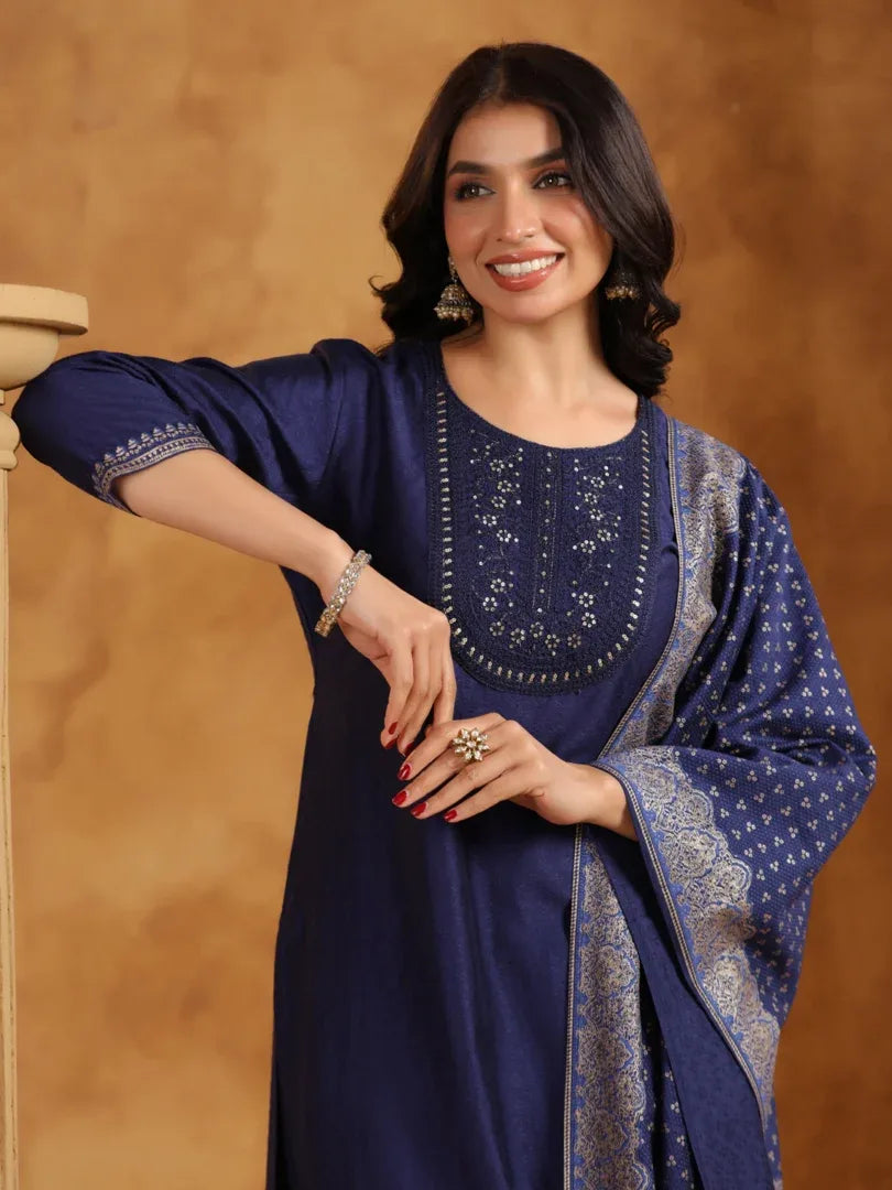 Span Blue Round Neck Viscose Kurta