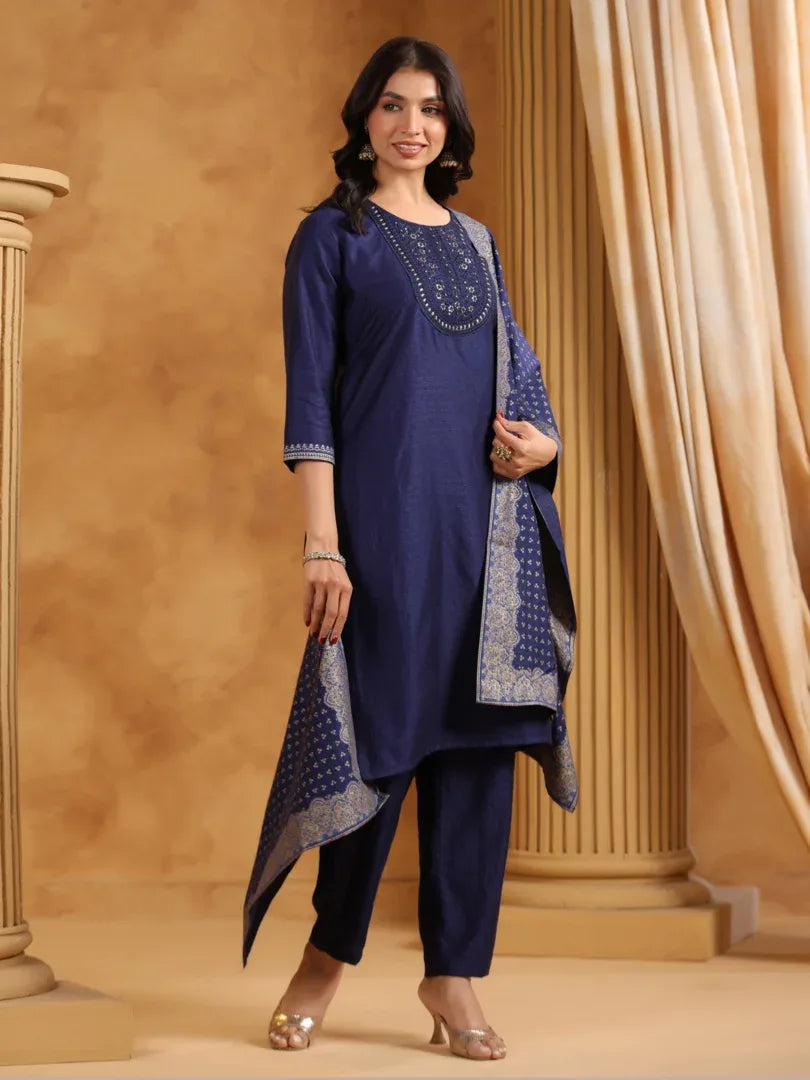 Span Blue Round Neck Viscose Kurta