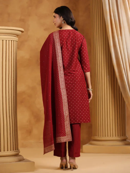Span Burgundy Round Neck Silk Kurta