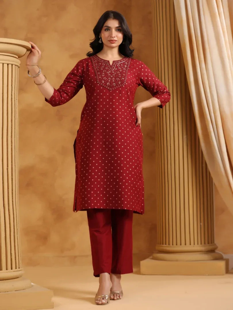 Span Burgundy Round Neck Silk Kurta