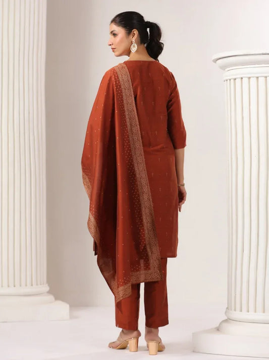 Span Brown Round Neck Silk Kurta